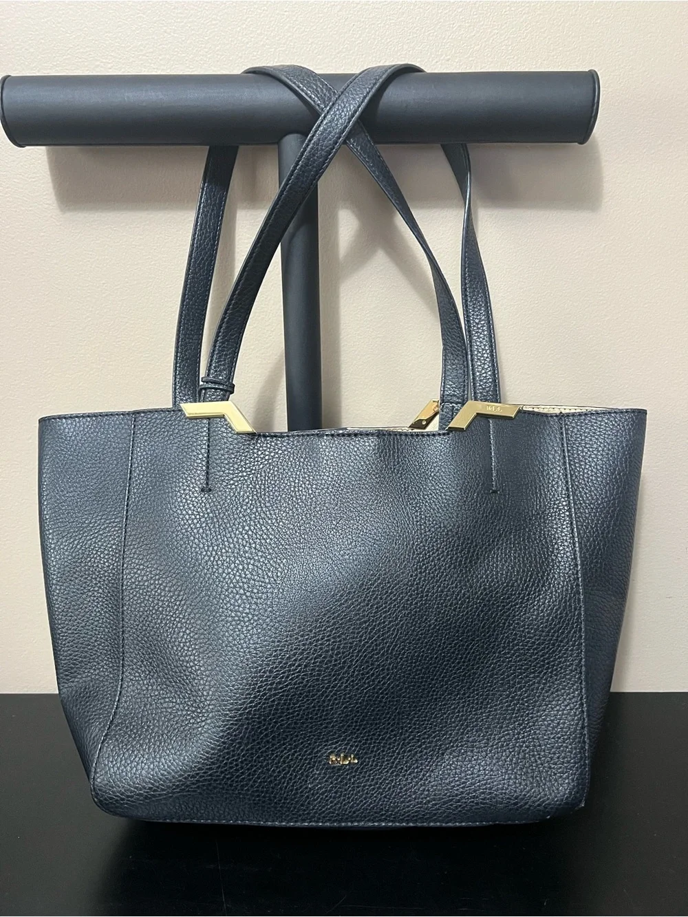 Lauren Ralph Lauren Arcadia Black Pebbled Leather Tote with Gold Accents